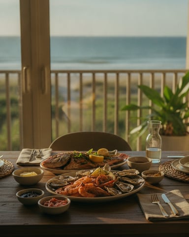 Beachfront dining table set with seafood, ocean view from deck with railing in background