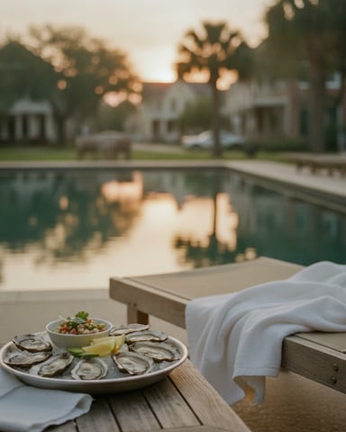 Oyster platter and white linens on poolside table at sunset, with palm trees and residential buildings beyond