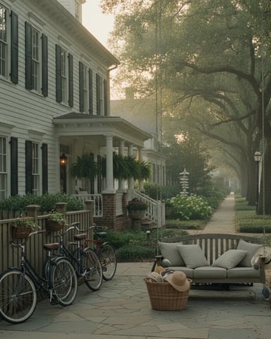 Tree-lined residential street with white colonial homes, front porch with sofa and bicycles, mature oak trees overhead.