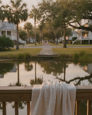 Towel draped on wooden deck railing overlooking pond, palm trees, and white houses on stilts
