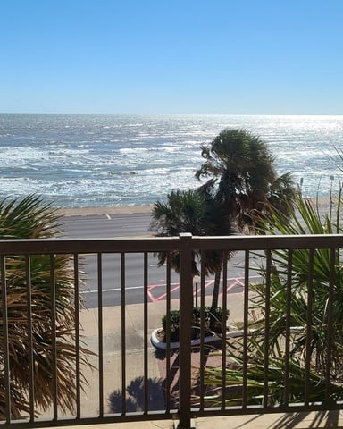 Oceanfront balcony with metal railing and palm plants overlooking sandy beach and blue ocean under clear sky