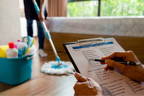 Person holding pen over cleaning checklist on clipboard with supplies and mop in background